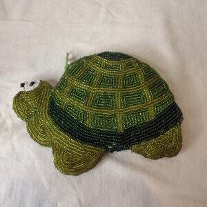 Vintage Beaded Green Cartoon Turtle Zippered Coin Purse 5.25” Great Condition